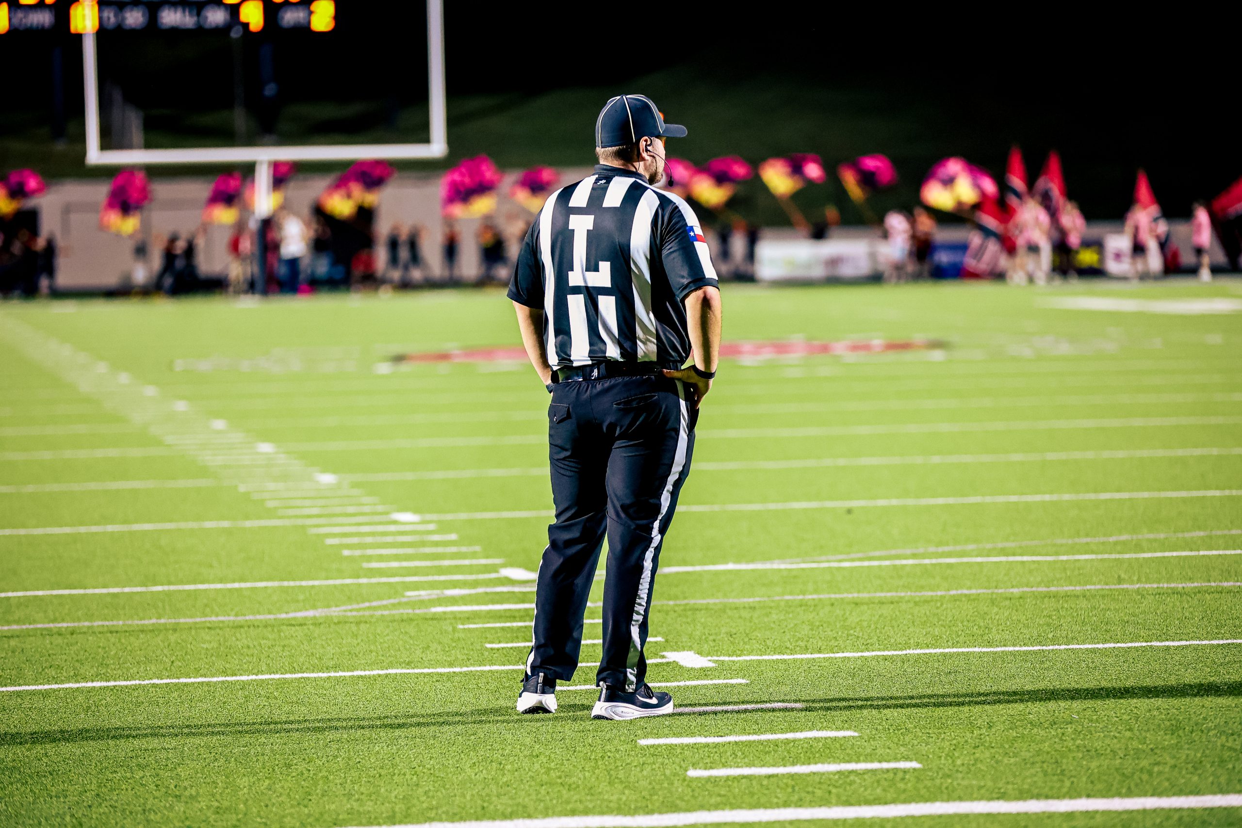 Football official on the field, viewed from behind